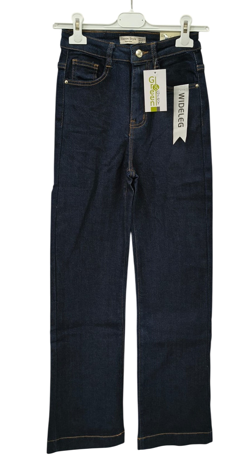 Pantalón vaquero oscuro pata ancha para chica, con costuras doradas, cinco bolsillos, cierre de cremallera y bajo de dobladil