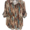 Camisa de mujer de manga larga en tejido ligero con estampado de pinceladas verticales en tonos tostados, marrón y azul verd