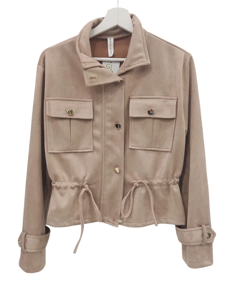 Chaqueta de ante beige para chica, corte recto y corto, con bolsillos altos, cordón ajustable en la cintura y botones dorados