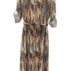 Vestido largo de manga larga para chica con estampado de pinceladas verticales en tonos tostados, marrón y azul turquesa, con