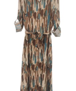 Vestido largo de manga larga para chica con estampado de pinceladas verticales en tonos tostados, marrón y azul turquesa, con