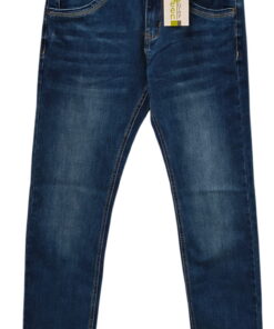 Pantalón vaquero de chico recto en azul oscuro, tejido denim elástico con efecto desgastado, cinco bolsillos y costuras a la