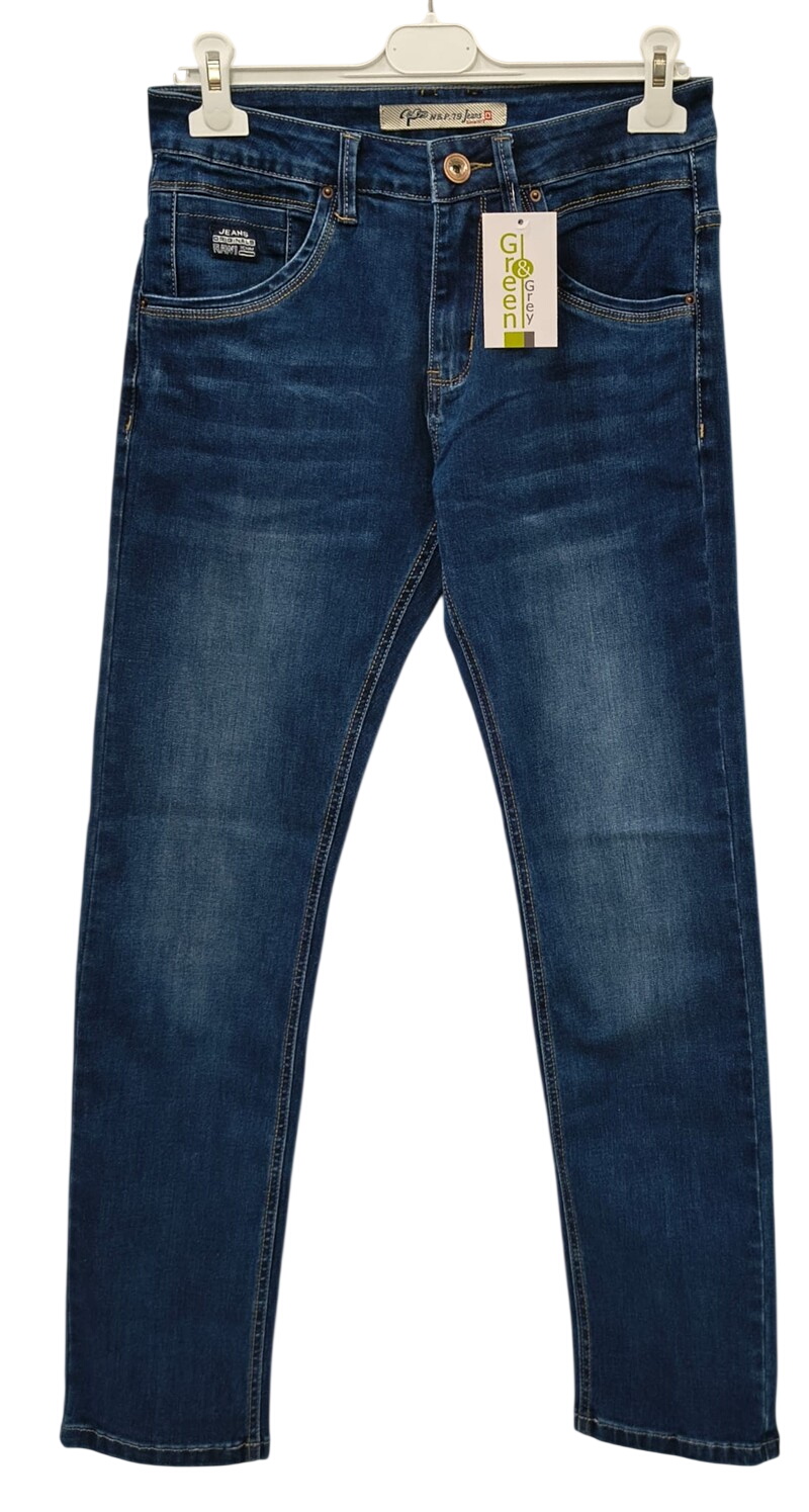 Pantalón vaquero de chico recto en azul oscuro, tejido denim elástico con efecto desgastado, cinco bolsillos y costuras a la