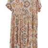 Vestido largo con estampado geométrico en tonos cálidos como anaranjado, azul y amarillo sobre fondo beige, escote en V y ab
