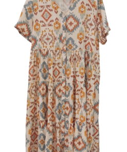 Vestido largo con estampado geométrico en tonos cálidos como anaranjado, azul y amarillo sobre fondo beige, escote en V y ab­