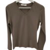 Camiseta básica de manga larga marrón para chica, cuello en V, corte ajustado y tejido elástico de algodón con elastano, sin