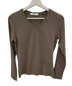Camiseta básica de manga larga marrón para chica, cuello en V, corte ajustado y tejido elástico de algodón con elastano, sin
