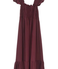 Vestido largo de viscosa y nylon en color burdeos para chica, con tirantes anchos y busto elástico fruncido, silueta amplia y