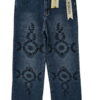 Pantalón vaquero de chica wide leg en azul marino con bordado de flores en las rodillas, tejido elástico con bolsillos y bajo