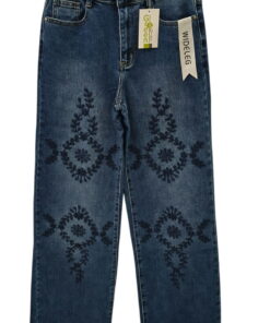 Pantalón vaquero de chica wide leg en azul marino con bordado de flores en las rodillas, tejido elástico con bolsillos y bajo