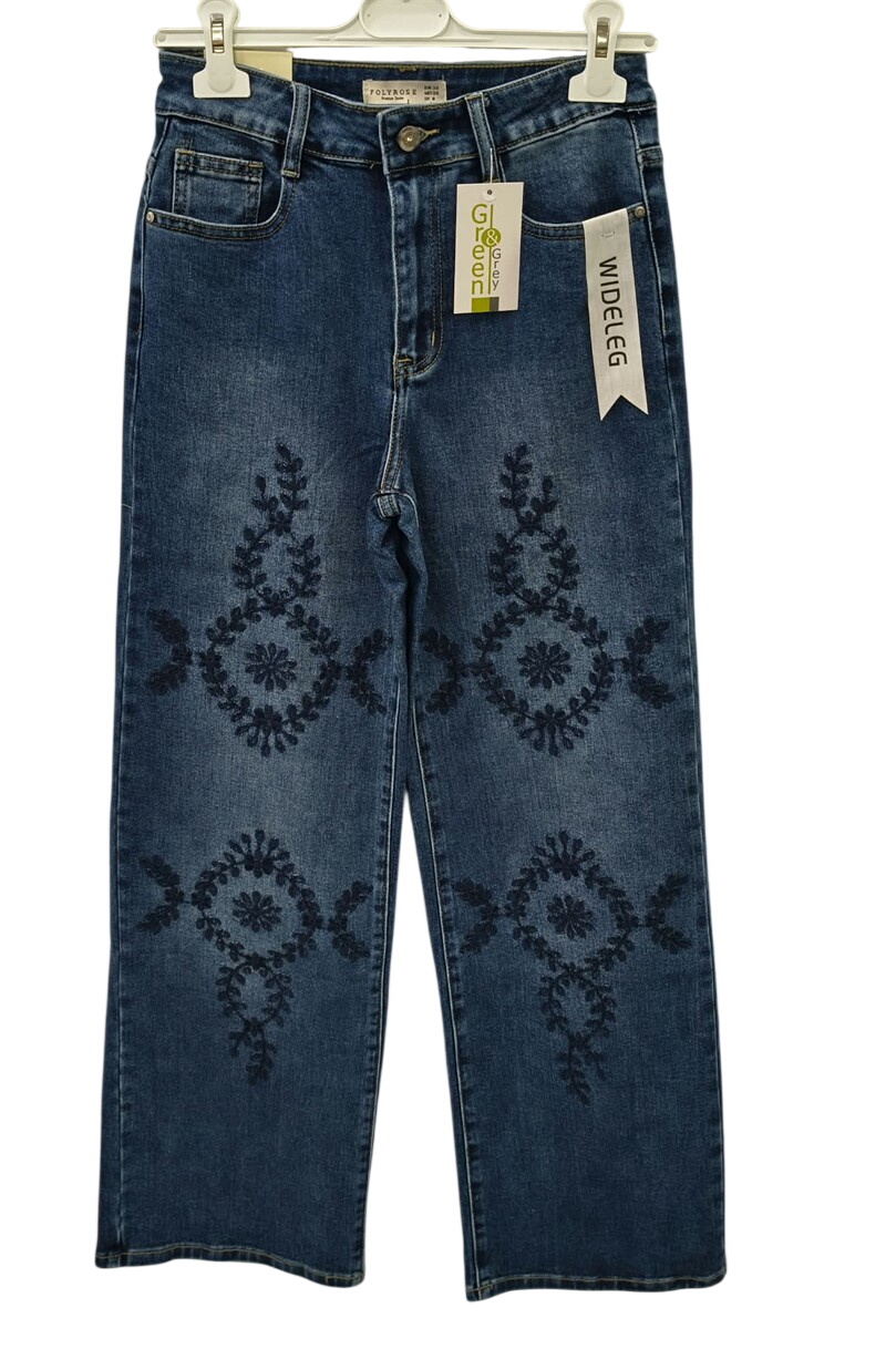 Pantalón vaquero de chica wide leg en azul marino con bordado de flores en las rodillas, tejido elástico con bolsillos y bajo