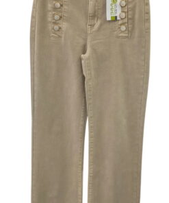 Pantalón vaquero beige de pata ancha para chica con botones aperlados decorativos en la parte frontal, bolsillos y cierre de