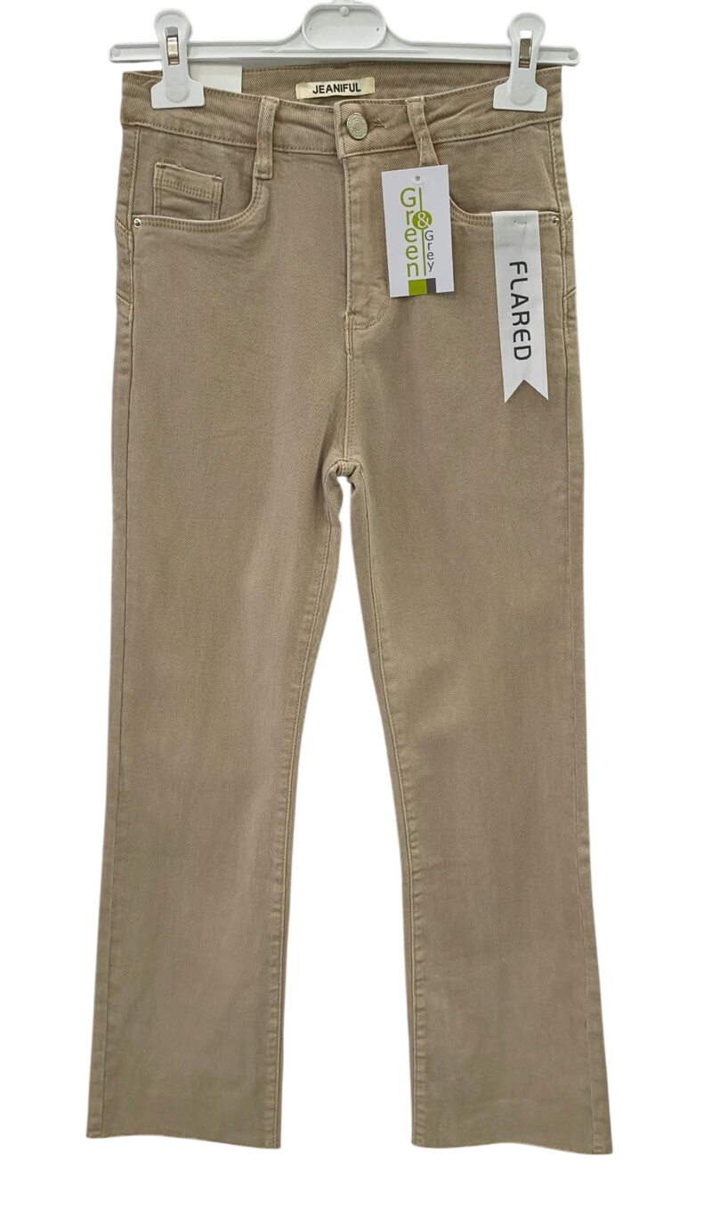 Pantalón vaquero acampanado beige para chica, tiro alto, bolsillos delanteros y traseros, algodón elástico, bajo con dobladil