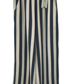Pantalón largo de verano para chica, corte holgado, rayas verticales en beige y azul marino, cinturilla elástica y bolsillos