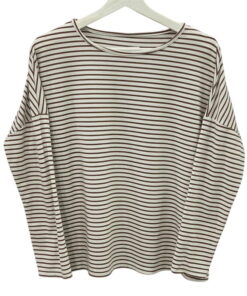 Camiseta de chica de manga larga a rayas horizontales en marrón y blanco, corte holgado, cuello redondo, tejido suave y elást