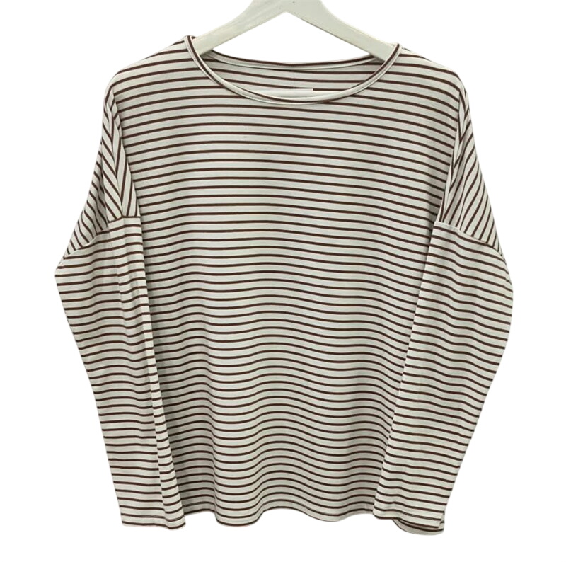 Camiseta de chica de manga larga a rayas horizontales en marrón y blanco, corte holgado, cuello redondo, tejido suave y elást
