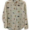 Camisa beige de manga larga para chica, estampado de gatos dormidos en marrón, gris y negro, algodón, corte recto y cuello de