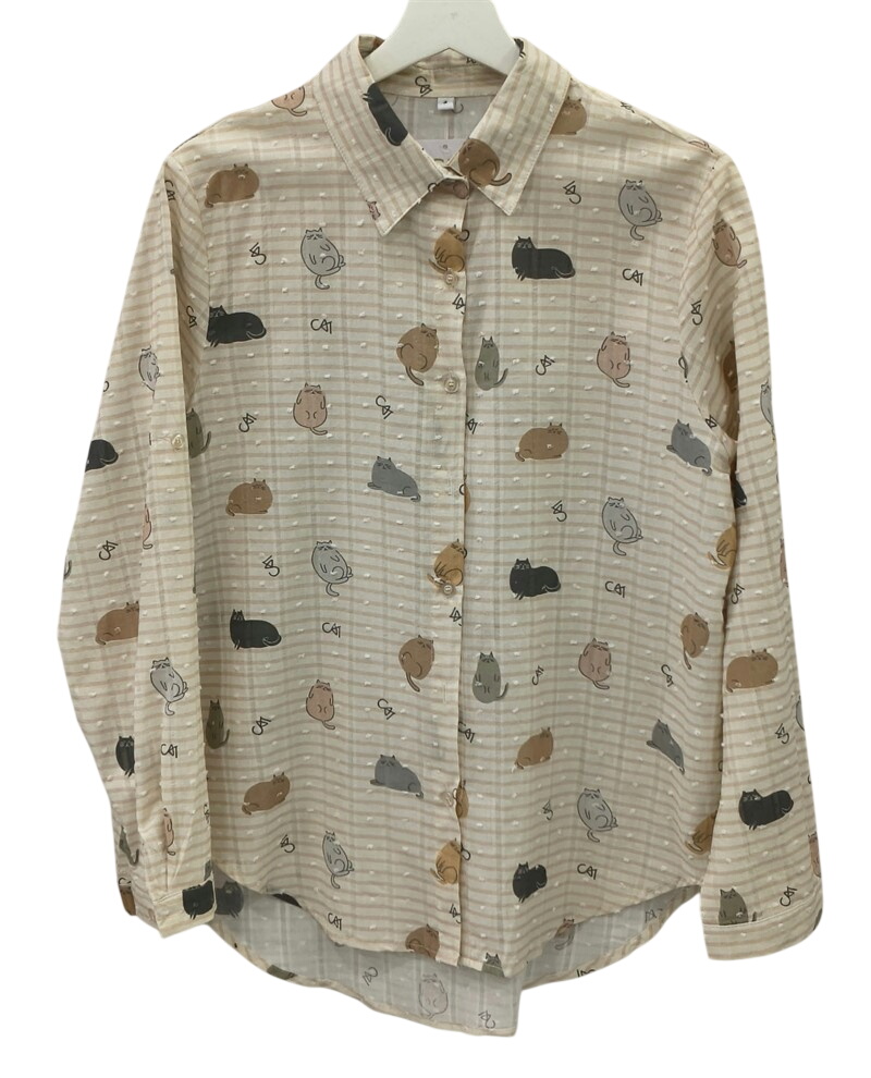 Camisa beige de manga larga para chica, estampado de gatos dormidos en marrón, gris y negro, algodón, corte recto y cuello de