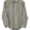 Camisa de manga larga con rayas verticales en beige y azul vaquero, corte recto para chica, cuello clásico, puños abotonados