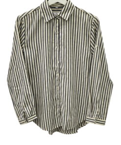 Camisa de manga larga con rayas verticales en beige y azul vaquero, corte recto para chica, cuello clásico, puños abotonados
