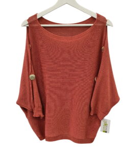 Jersey de punto terracota para mujer, manga abierta con botones dorados decorativos, corte holgado y cuello redondo relajado