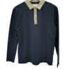 Polo de manga larga para hombre en azul marino, cuello camisero claro con rayas y botones, corte recto, tejido de algodón con
