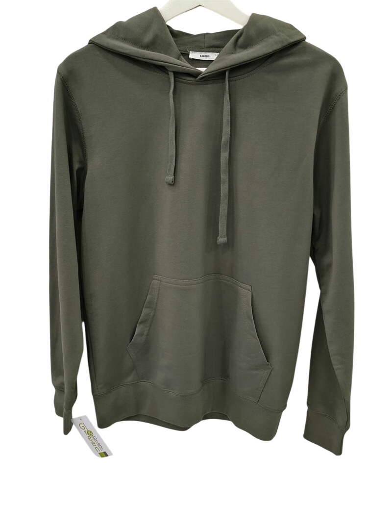 Sudadera de chico en color verde olivo unicolor, con capucha ajustable mediante cordones, bolsillo canguro y puños acanalados