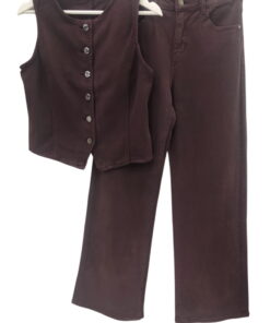 Conjunto de chaleco entallado sin mangas y pantalón ancho de tiro alto para chica, en tejido marrón oscuro elástico y acabado