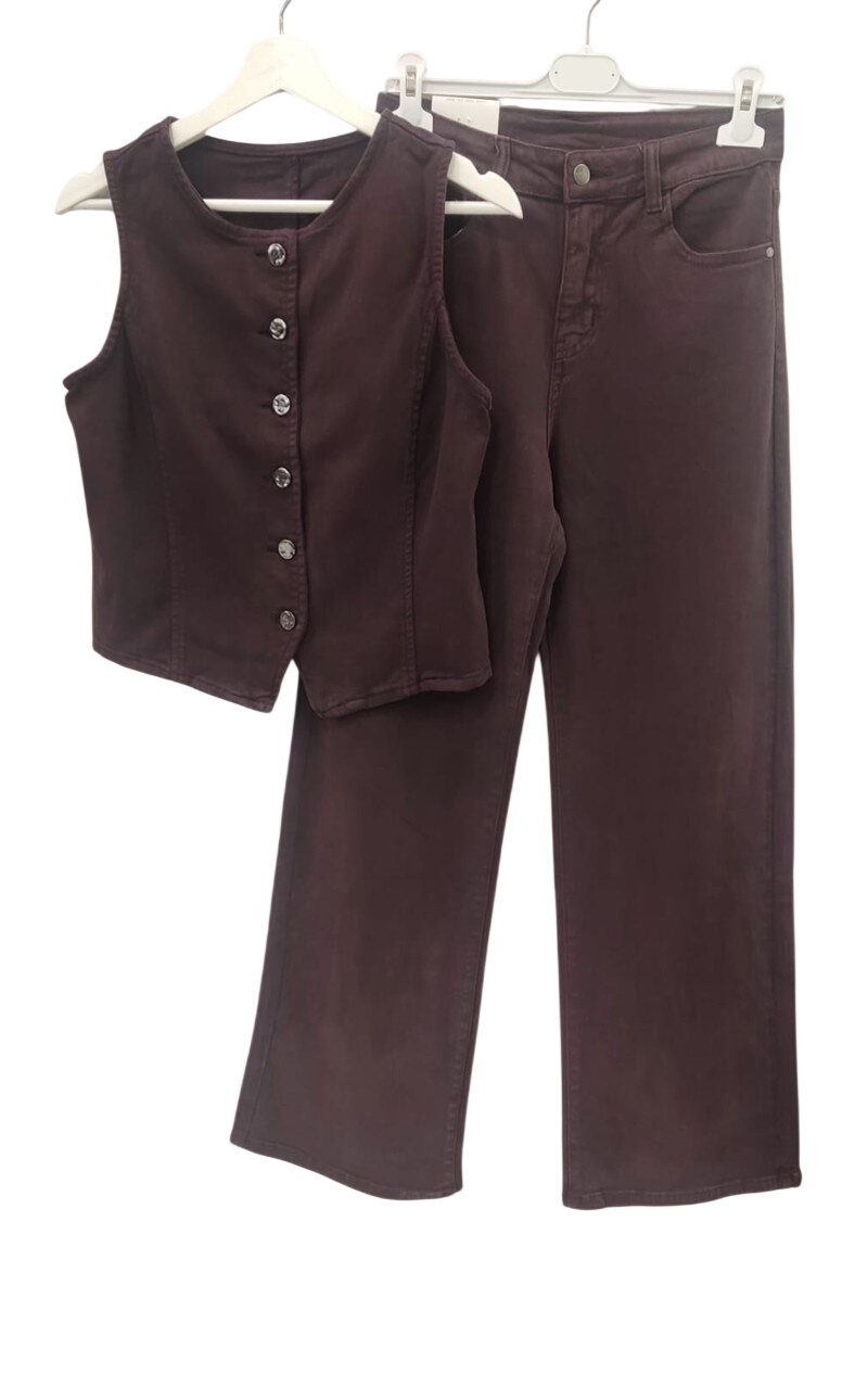 Conjunto de chaleco entallado sin mangas y pantalón ancho de tiro alto para chica, en tejido marrón oscuro elástico y acabado