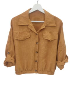 Camisa mostaza de manga larga para chica, corte holgado, con goma elástica en la cinturilla, bolsillos falsos y botones decor