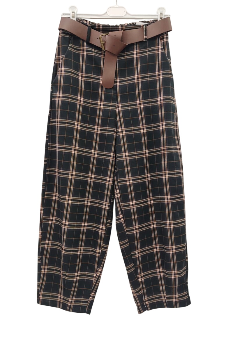 Pantalón barrel de cuadros en fondo oscuro para chica con cinturón ancho marrón, corte relajado, tejido con viscosa y elastán