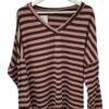 Camiseta ancha de rayas horizontales marrón y rosa pastel para chica, cuello en V pronunciado, manga larga, tejido de punto