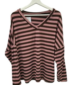 Camiseta ancha de rayas horizontales marrón y rosa pastel para chica, cuello en V pronunciado, manga larga, tejido de punto