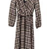 Vestido largo de cuadros en tonos oscuros para mujer, corte cruzado con escote en V, manga larga ajustada en muñeca y cinta a