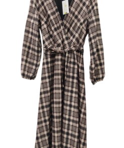Vestido largo de cuadros en tonos oscuros para mujer, corte cruzado con escote en V, manga larga ajustada en muñeca y cinta a