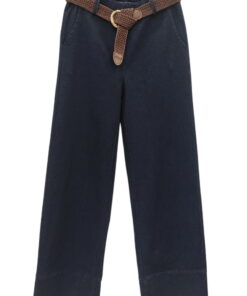 Pantalón ancho de chica en azul marino con corte holgado, cintura elástica, bolsillos al bies y cinturón trenzado marrón con