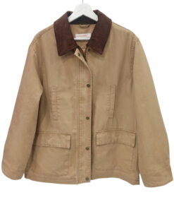 Cazadora tipo barbour para chica en tejido beige de algodón, cuello de pana marrón, corte ancho y bolsillos delanteros con y