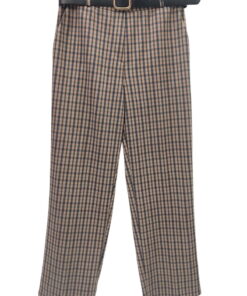 Pantalón de cuadros tipo chino para chica, corte recto, tonos marrón y beige, cinturón negro de material sintético y hebilla