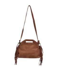Bolso pequeño de antelina marrón con flecos decorativos en los laterales, cierre con cremallera y dos asas largas regulables
