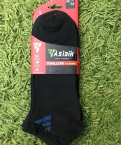 Calcetines de algodón semitobilleros negros con marca. Paquetes de 3 pares. Tallas 40-46.