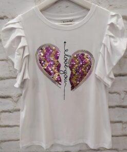 Camiseta de cuello redondo;manga corta y abullonada con corazón de lentejuelas