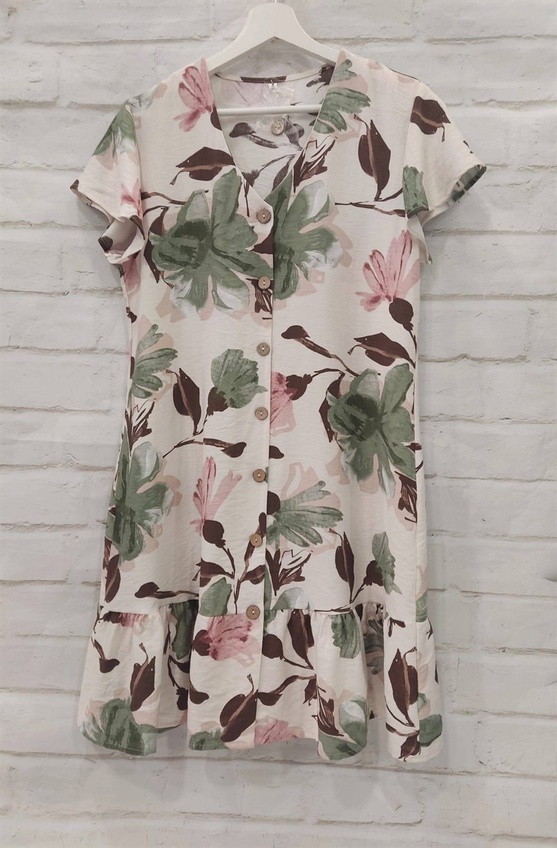 Vestido corto con estampado de hojas en tonos tostados, verdes y rosas sobre fondo claro, escote en V, botones de madera y do