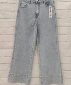 Vaquero wideleg beis para chica, pernera ancha, tiro alto, flores claras bordadas en el delantero, tejido denim con algodón y
