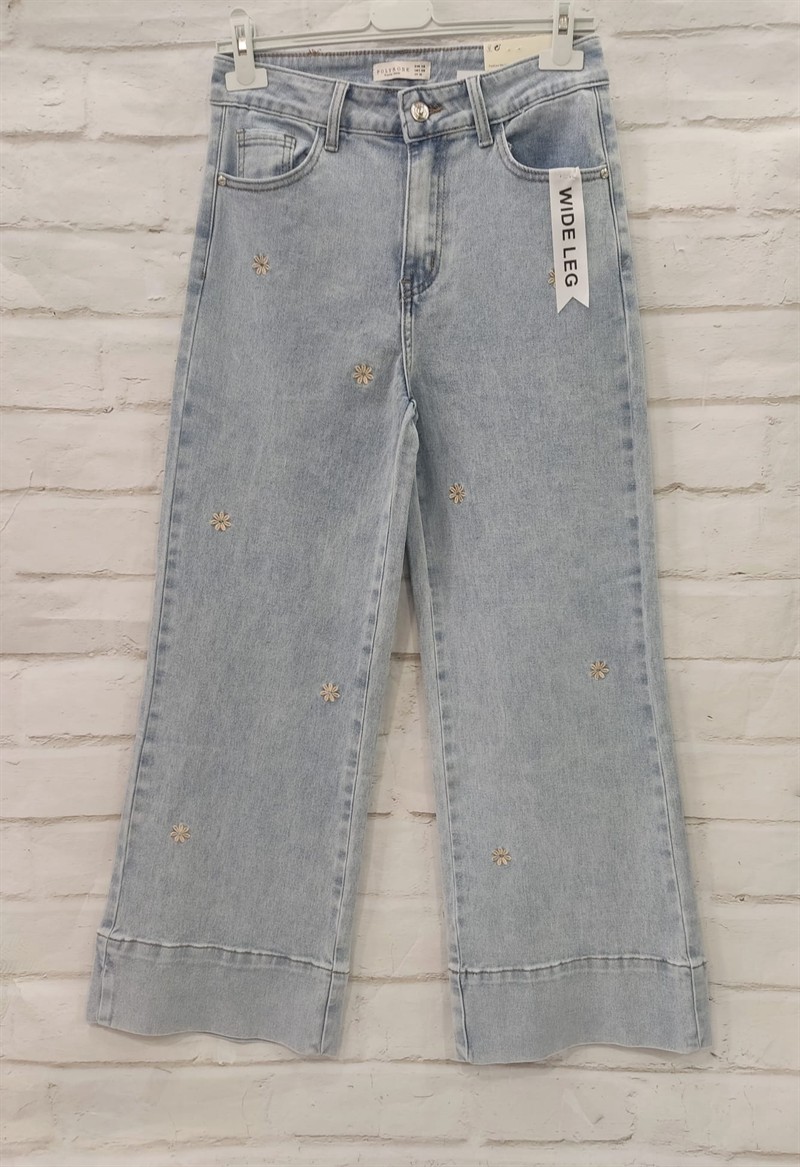 Vaquero wideleg beis para chica, pernera ancha, tiro alto, flores claras bordadas en el delantero, tejido denim con algodón y