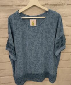 Blusa blanca de chica con relieve y detalle de puntilla en mangas y cuello, tejido ligero de viscosa y nylon, acabado en gasa