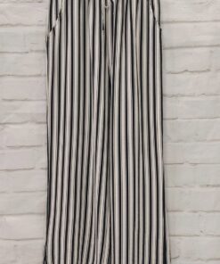 Pantalón flojo de rayas verticales en blanco y negro para chica, largo, con cintura elástica y cordón ajustable, bolsillos y