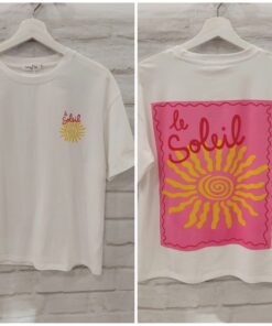 Camiseta blanca de manga corta para chica con estampado grande en la espalda y pequeño print en el pecho, palabra le Soleil y
