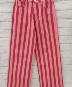 Pantalón vaquero wide leg de rayas verticales bicolor en tonos rosa y rojo para chica, con tiro medio, pierna ancha y detalle