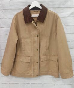 Cazadora tipo barbour para chica en tejido beige de algodón, cuello de pana marrón, corte ancho y bolsillos delanteros con y