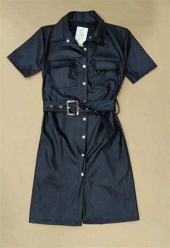 Vestido efecto cuero manga corta de botones 